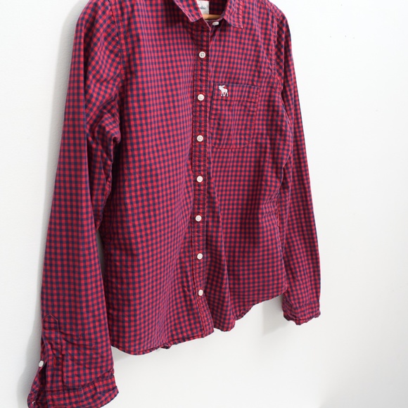 Abercrombie Fitch Women's Long Sleeve Red Navy Gingham Medium - Picture 2 of 10